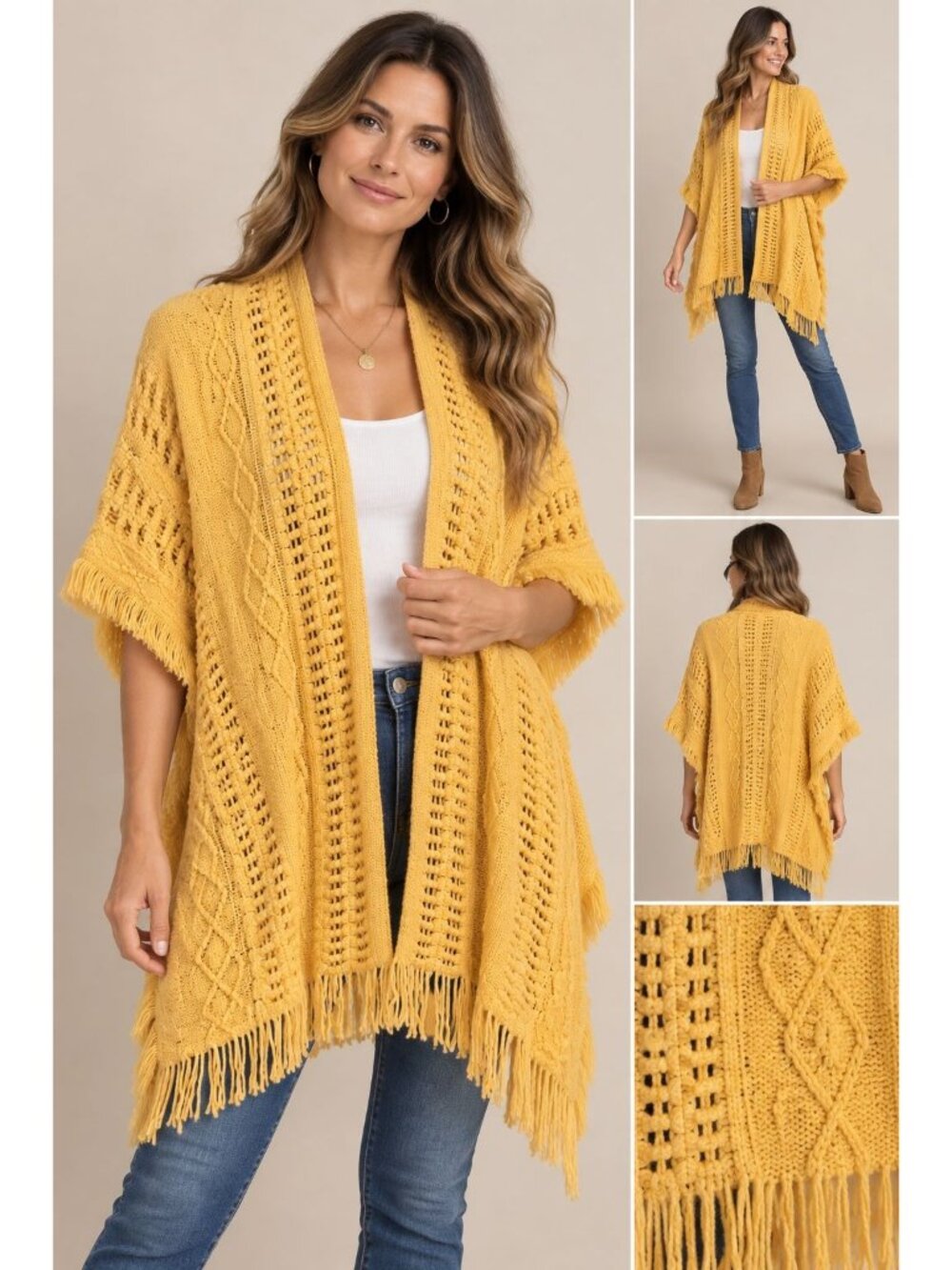 Original Anthony This mustard yellow open-front poncho textured diamond Knit OS